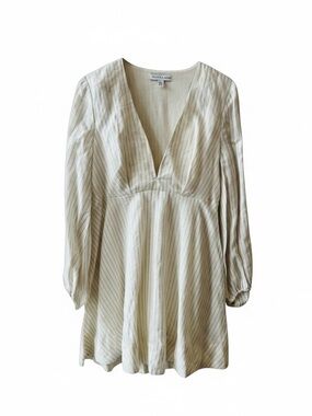 Shona Joy Isadora Plunged Mini Dress Sz 10 Cream Tan Stripes Balloon Sleeves